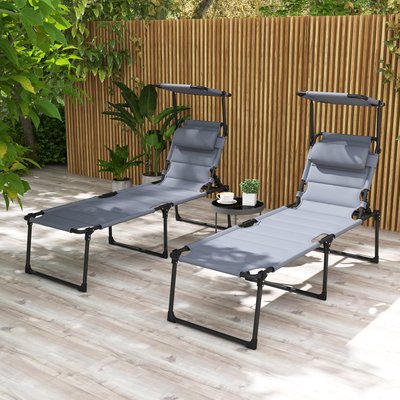 Lot de 2 bains de soleil transats pliables réglables avec pare-soleil OUTSUNNY