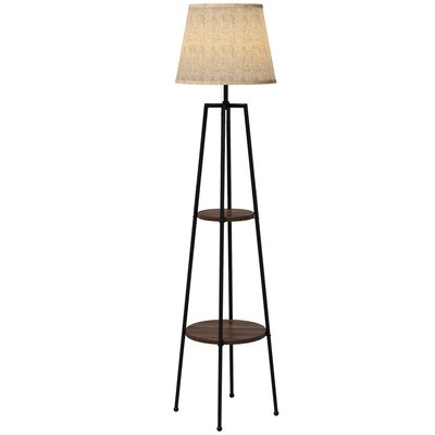 Lampadaire design contemporain 2 étagères 166H cm métal noir aspect bois noyer tissu beige HOMCOM