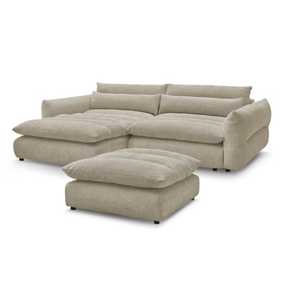 Canapé d'angle fixe 3 places en tissu texturé avec pouf, NEIL BOBOCHIC