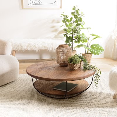 Table basse ronde en teck recyclé 100cm et métal noir 2 plateaux style contemporain industriel SWING PIER IMPORT