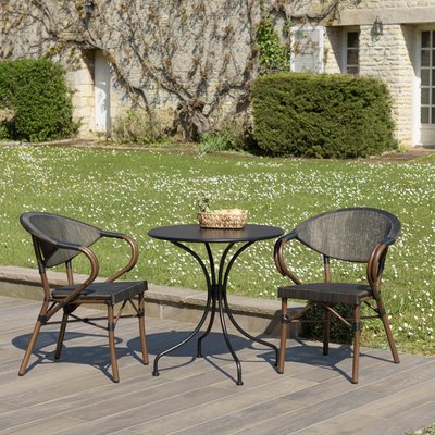Salon de jardin table ronde noire D70 cm + 2 fauteuils bistrot tissu marron GIJON PIER IMPORT