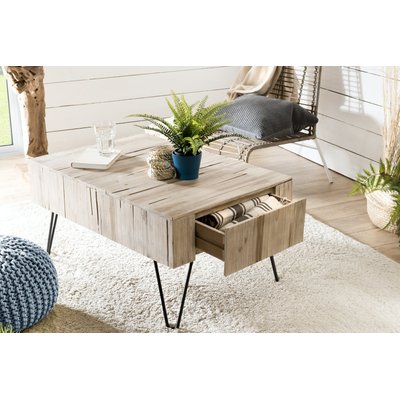 Table basse avec tiroirs bois massif teck naturel et pieds métal 90x60cm JAIPUR PIER IMPORT