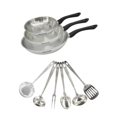 Set 3 poêles 20 24 et en inox et 6 ustensiles inox GENEVA FACKELMANN