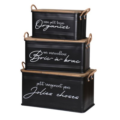Lot de 3 boites de rangement en métal - Noir et bois TOILINUX