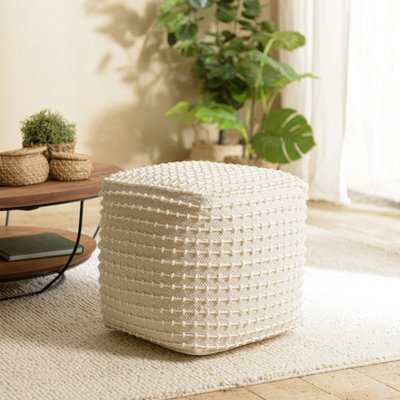 Pouf carré laine ivoire effet tricot TIM PIER IMPORT