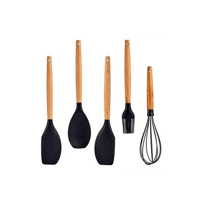 Set de 5 Ustensiles de Cuisine Manche en Bois et Polypropylène Noir WADIGA