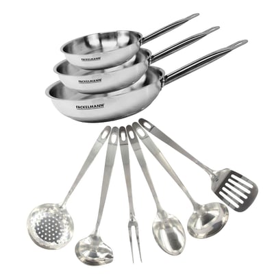 Set de 3 poêles de 20, 24 et en inox et 6 ustensiles inox ETERNA FACKELMANN