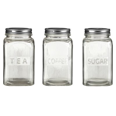Set of 3 Embossed Glass Tea Coffee Sugar Jars with Silver Lids SO'HOME