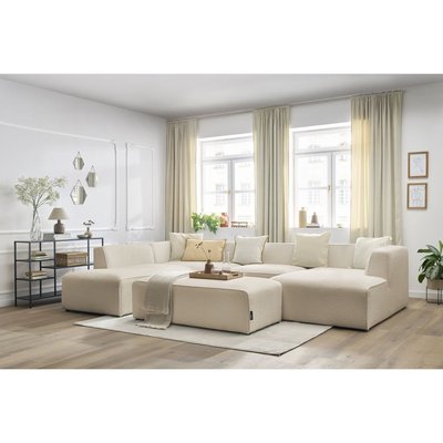 Canapé panoramique fixe 6 places en tissu bouclette avec pouf, MEGEVE BOBOCHIC