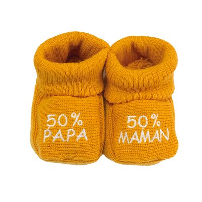 Chaussons naissance - message :  50% maman 50% papa TROIS KILOS SEPT