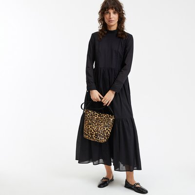 Vestido comprido em voile de algodão bordado, mangas compridas LA REDOUTE COLLECTIONS