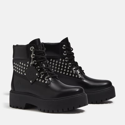 Stivaletti con zeppa e lacci, in pelle, con borchie, STONE STREET MID 6 INCH LACE TIMBERLAND