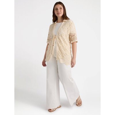 Chemise en dentelle au crochet avec bords sur le devant, bas des manches et col en tissu uni FIORELLA RUBINO