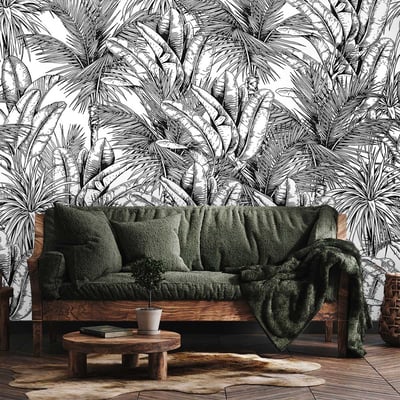 Papier peint panoramique feuilles de bananiers n&b HEXOA