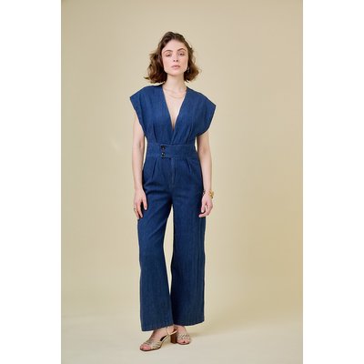 Short-Sleeved Denim V-Neck Jumpsuit SEE U SOON