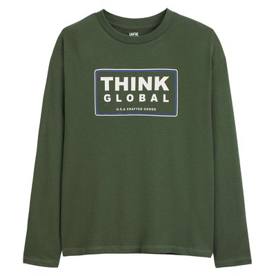 Slogan Print Cotton T-Shirt with Long Sleeves LA REDOUTE COLLECTIONS
