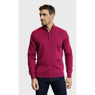 Pull col montant zippé en laine mérinos 2 fils framboise ACROSS