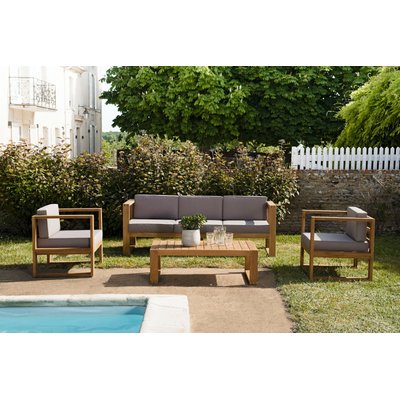Salon de jardin en teck et coussins canapé 3 places + 2 fauteuils + 1 table basse SUMMER 5 places PIER IMPORT