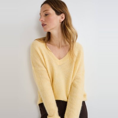Pull col V uni contenant de l'alpaga MONOPRIX