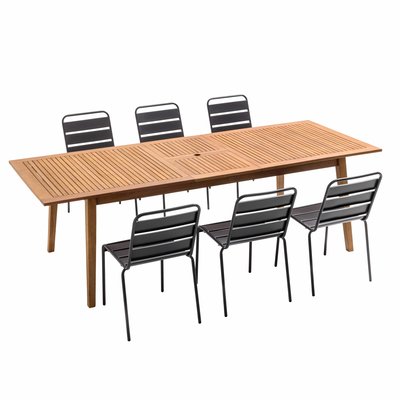 Salon de jardin table en bois et 6 chaises métal, CHICAGO OVIALA