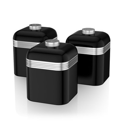 Set of 3 Retro Tea Coffee Sugar Canisters in Black SWAN