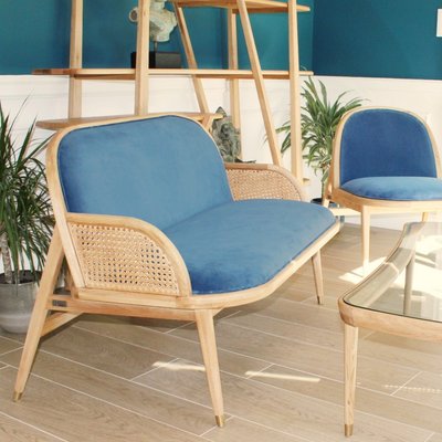 Banquette 2 places en chêne, cannage et velours MARCEL ROBIN DES BOIS