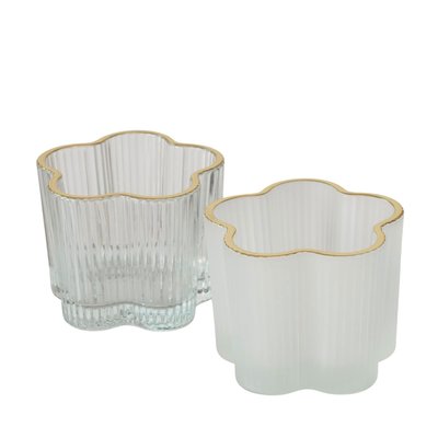 Set de 2 bougeoirs en verre strié et liseré doré 7.5x7.5x6cm WADIGA