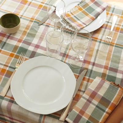 Nappe en métis lin et coton, PASSION MADRAS BLANC CERISE