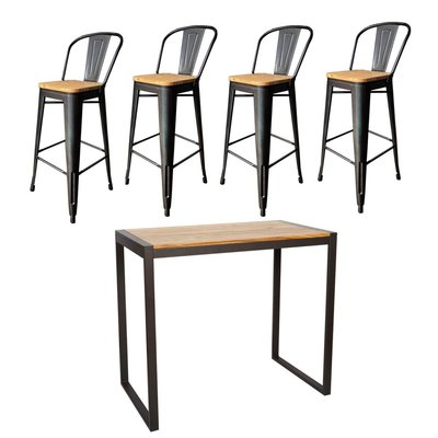 Ensemble haut acier/orme massif avec 4 tabourets de bar - NEVADA MATHI DESIGN