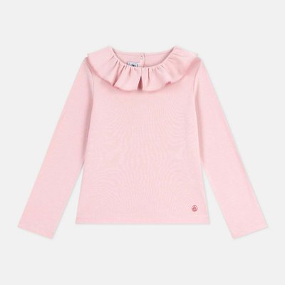 T-shirt in cotone a maniche lunghe, colletto arricciato PETIT BATEAU