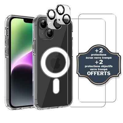 Coque Anti-choc compatible Magsafe pour iPhone 14 Transparente + 2 protections écran et 2 protections objectif caméra EVETANE