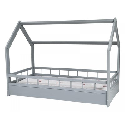 Ensemble Lit Cabane STANDARD 160x80cm avec Matelas et Barreaus Gris ZVEZDA