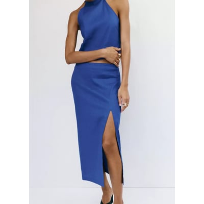 Jupe midi en mélange de lin et coton MANGO
