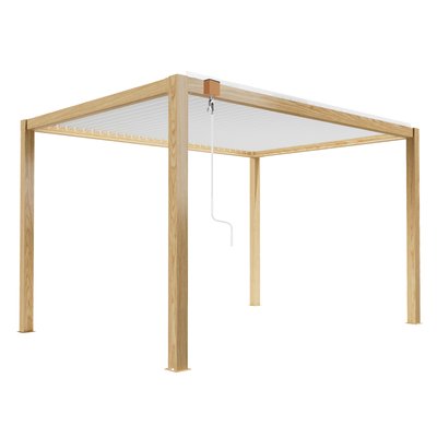 Pergola bioclimatique autoportée en aluminium blanc décor bois 3 x 4 m avec 1,2 ou 3 stores, CORATO OVIALA