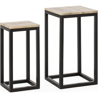 Table d'appoint bois épicéa et marbre travertin  design RECOLLECTION