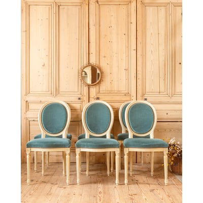 Lot de 6 chaises en bois et tissu bleu Claude N°1463 - Bon état DEBONGOUT