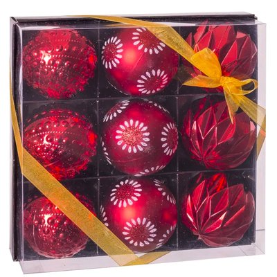 Set de 9 boules de Noël rouges décorées - 8cm WADIGA