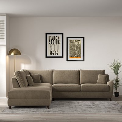 Amelia Textured Velvet Corner Sofa & Modular Footstool Set with Dark Wood Legs (Left Facing) SO'HOME