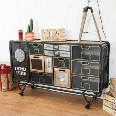 Commode buffet industrielle sur roulettes en métal et bois 128cm LAMPHUN PIER IMPORT