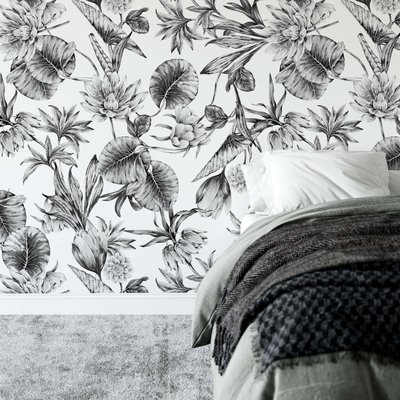 Papier peint plantes à fleurs de lotus noir et blanc - 510x260 cm (l x h) LA TOUCHE ORIGINALE