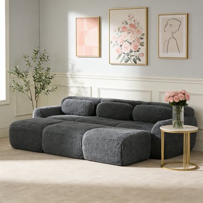 Canapé d'angle réversible 3 places avec 3 poufs, WIND MEUBLES COSY