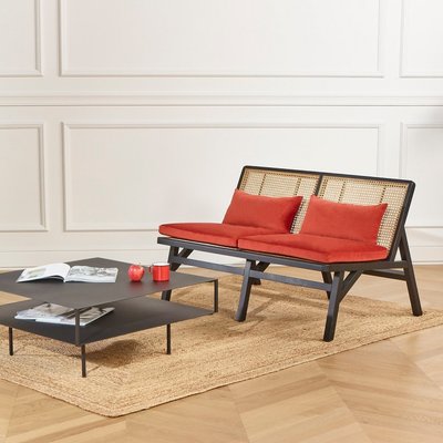 Banquette 2 places en chêne laqué noir, cannage et velours LALALA ROBIN DES BOIS