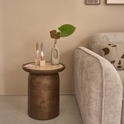 Table d'appoint en bois de manguier et travertin  ELENA BERAH GETAH