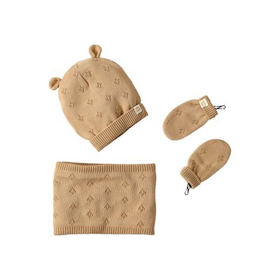 Ensemble  bonnet à oreilles + snood + moufles en maille ajourée VERTBAUDET