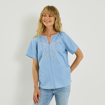 Blouse en denim broderies florales GRAIN DE MALICE