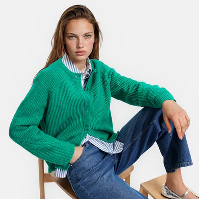 Ribbed Knit Crew Neck Cuff Detail Cardigan LA REDOUTE COLLECTIONS