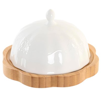 Beurrier rond en porcelaine blanche et bambou 17.5x17.5x10cm WADIGA