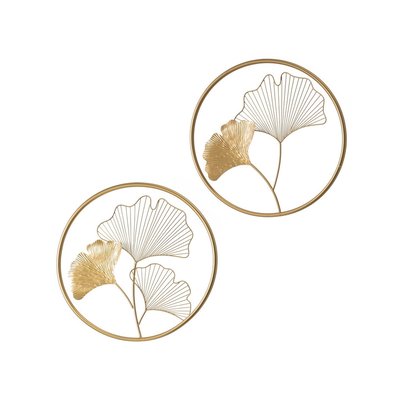 Set de 2 Décorations Murales Rondes Feuilles Gingko Métal Doré WADIGA