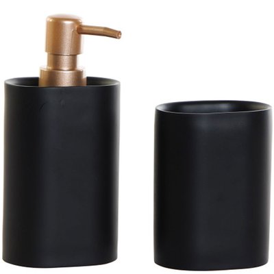 Set salle de bain en résine noire - distributeur savon + porte brosse à dents WADIGA