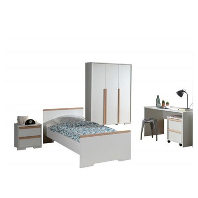 LONDON Lit + Chevet tiroirs + Armoire Portes + Bureau +Caisson de bureau mat VIPACK